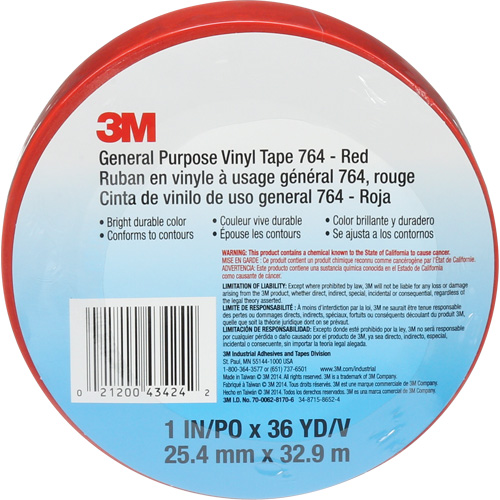 Ruban en vinyle pour travaux g&eacute;n&eacute;raux 764, 25,4 mm (1") la x 32,9 m (108') lo, 5 mils, Rouge Seagulf Marine Industries Inc.
