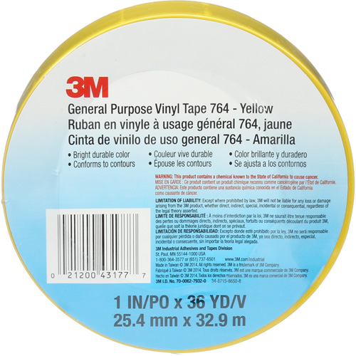 Ruban en vinyle pour travaux g&eacute;n&eacute;raux 764, 25,4 mm (1") la x 32,9 m (108') lo, 5 mils, Jaune Seagulf Marine Industries Inc.