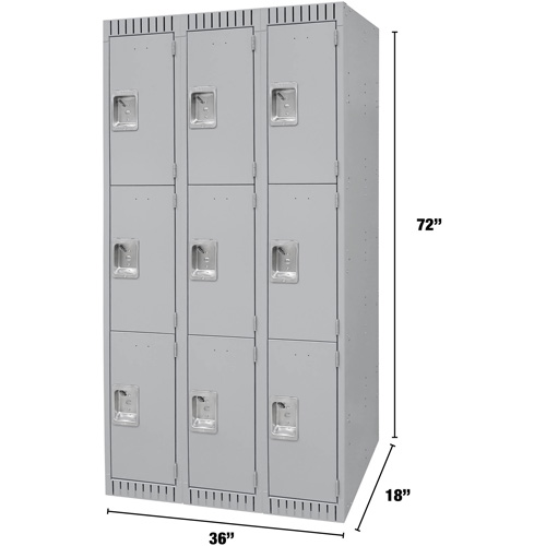 Lockers, 3 -tier, Bank of 3, 36" x 18" x 72", Steel, Grey, Knocked Down Seagulf Marine Industries Inc.