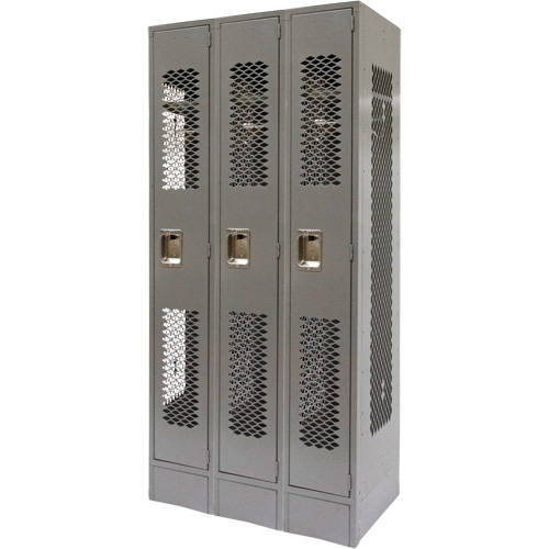 Vented Lockers, Bank of 3, 36" x 18" x 78", Steel, Grey, Knocked Down, Perforated Seagulf Marine Industries Inc.