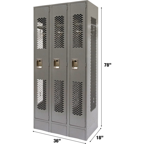 Vented Lockers, Bank of 3, 36" x 18" x 78", Steel, Grey, Knocked Down, Perforated Seagulf Marine Industries Inc.