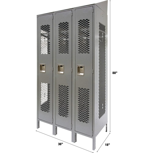 Vented Lockers, Bank of 3, 36" x 18" x 88", Steel, Grey, Knocked Down, Perforated Seagulf Marine Industries Inc.