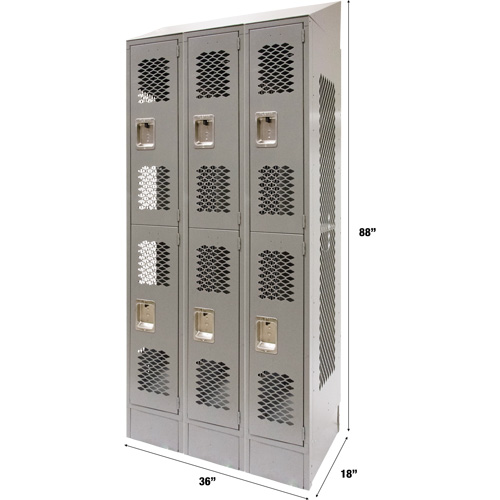 Vented Lockers, 2 -tier, Bank of 3, 36" x 18" x 88", Steel, Grey, Knocked Down, Perforated Seagulf Marine Industries Inc.