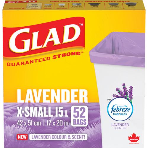 Glad&reg; Lavender Coloured & Scented Bags, Strong, 17" W x 20" L, Purple, 15 L (3.96 Gal.) Capacity Seagulf Marine Industries Inc.