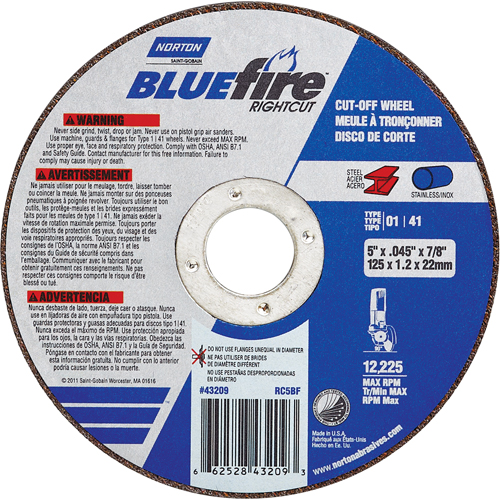 BlueFire&reg; Cut-off Wheel, 4-1/2" x 0.045"/1/16", 7/8" Arbor, Type 01/41, Aluminum Oxide/Zirconium, 13580 RPM Seagulf Marine Industries Inc.
