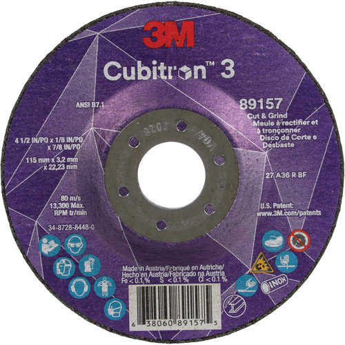 Meule &agrave; rectifier et &agrave; tronçonner Cubitron 3, 4-1/2" x 1/8", Arbre de 7/8", Type 27, Grain de 36, C&eacute;ramique Seagulf Marine Industries Inc.