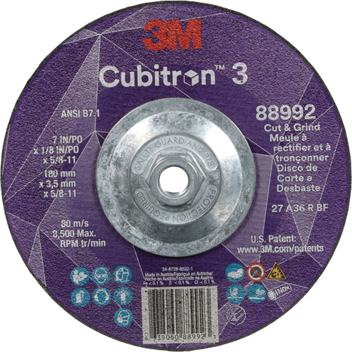 Cubitron 3 Cut and Grind Wheel, 7" x 1/8", 5/8"-11 Arbor, Type 27, 36 Grit, Ceramic Seagulf Marine Industries Inc.
