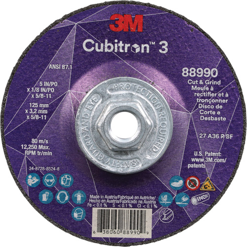 Meule &agrave; rectifier et &agrave; tronçonner Cubitron 3, 5" x 1/8", Arbre de 5/8"-11, Type 27, Grain de 36, C&eacute;ramique Seagulf Marine Industries Inc.