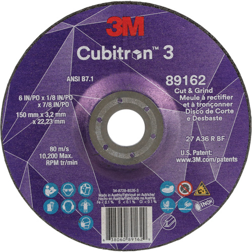 Meule &agrave; rectifier et &agrave; tronçonner Cubitron 3, 6" x 1/8", Arbre de 7/8", Type 27, Grain de 36, C&eacute;ramique Seagulf Marine Industries Inc.