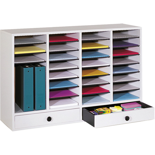 Adjustable Compartment Literature Organizer, Stationary, 34 Slots, Wood, 39-1/4" W x 11-3/4" D x 25-1/4" H Seagulf Marine Industries Inc.
