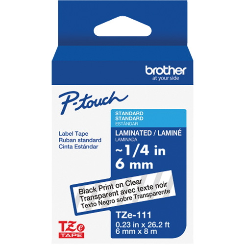 Ruban lamin&eacute; TZe-111 pour &eacute;tiqueteuses P-Touch compatibles avec les rubans TZe, Noir sur transparent, Largeur de 0,23" Seagulf Marine Industries Inc.