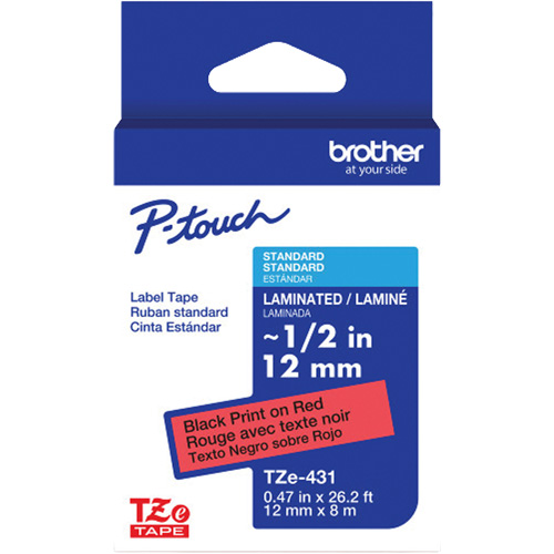 Ruban lamin&eacute; TZe-431 pour &eacute;tiqueteuses P-Touch compatibles avec les rubans TZe, 12 mm x 8 m, Noir/rouge Seagulf Marine Industries Inc.
