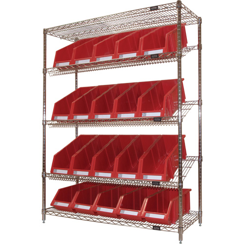 Slanted Wire Shelf with Bins, 5 Tiers, 48" W x 63" H x 18" D Seagulf Marine Industries Inc.