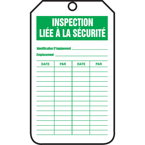 &eacute;tiquettes de s&eacute;curit&eacute; d'inspection et de contr&ocirc;le de l'&eacute;tat de l'&eacute;quipement, Plastique, 3-1/8" la x 5-7/8" h, Français Seagulf Marine Industries Inc.