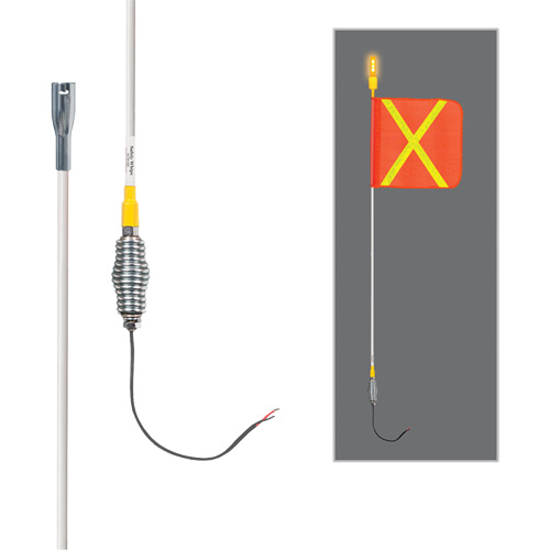 Tiges de s&eacute;curit&eacute; tout-temps de s&eacute;rie lourde avec lumi&egrave;re DEL constante Safety Whip, Fixation Ressort, Hauteur 3', Orange avec X r&eacute;fl&eacute;chissant Seagulf Marine Industries Inc.