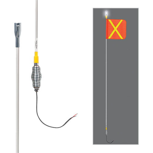 Tiges de s&eacute;curit&eacute; tout-temps de s&eacute;rie lourde avec lumi&egrave;re DEL constante Safety Whip, Fixation Ressort, Hauteur 10', Orange avec X r&eacute;fl&eacute;chissant Seagulf Marine Industries Inc.