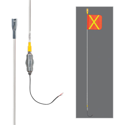 Tiges de s&eacute;curit&eacute; tout-temps de s&eacute;rie lourde avec lumi&egrave;re DEL constante Safety Whip, Fixation Ressort, Hauteur 12', Orange avec X r&eacute;fl&eacute;chissant Seagulf Marine Industries Inc.