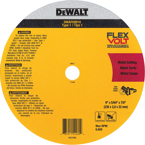 FlexVolt&reg; Metal Cut-Off Wheel, 9-1/16" x 0.078", 22.23 mm Arbor, Ceramic, Type 1 Seagulf Marine Industries Inc.