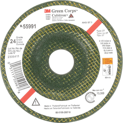 Green Corps Depressed Centre Wheel, 4-1/2" x 1/4", 7/8" Arbor, Ceramic, Type 27 Seagulf Marine Industries Inc.