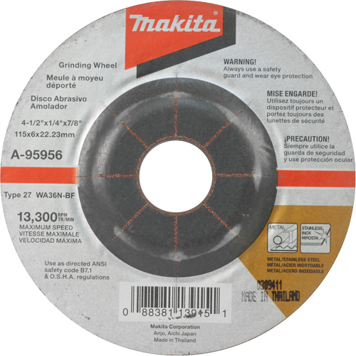 INOX Grinding Wheel, 4-1/2" x 1/4", 7/8" Arbor, Aluminum Oxide, Type 27 Seagulf Marine Industries Inc.