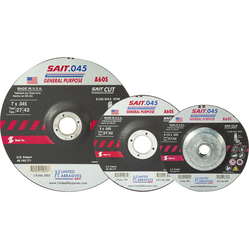 Sait Cutting Wheel, 5" x 0.045", 7/8" Arbor, Type 27, Aluminum Oxide, 12200 RPM Seagulf Marine Industries Inc.