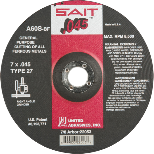 Depressed Center Cut-Off Wheel, 7" x 0.045", 7/8" Arbor, Type 27, Aluminum Oxide, 8500 RPM Seagulf Marine Industries Inc.