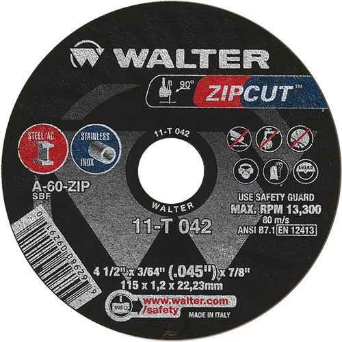 Zipcut Cut-Off Wheel, 4-1/2" x 3/64", 7/8" Arbor, Type 1, Aluminum Oxide, 13300 RPM Seagulf Marine Industries Inc.
