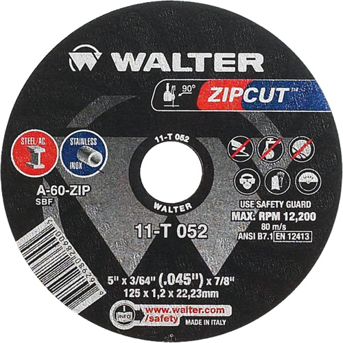 Zipcut Cut-Off Wheel, 5" x 3/64", 7/8" Arbor, Type 1, Aluminum Oxide, 12200 RPM Seagulf Marine Industries Inc.