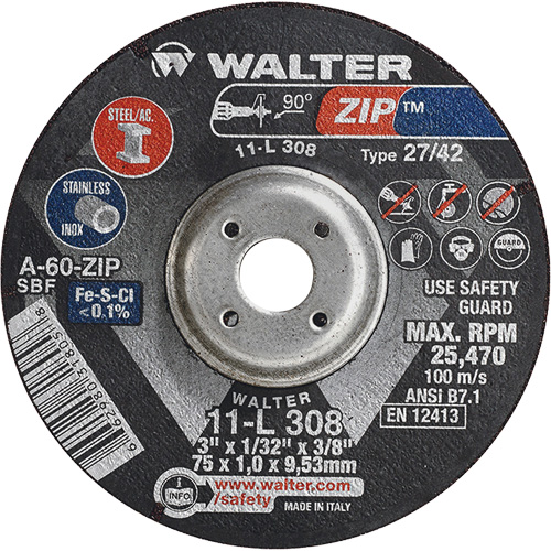 Zip Cutting and Grinding Wheel, 3" x 1/13", 3/8" Arbor, Type 27, 60 Grit, Aluminum Oxide Seagulf Marine Industries Inc.