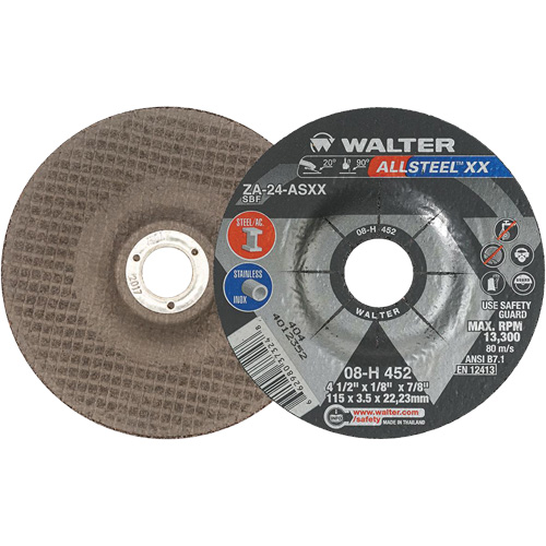 Meules &agrave; moyeu d&eacute;port&eacute; ALLSTEEL XX, 4-1/2" x 1/8", Arbre de 7/8", Type 27, Alumine de zirconium, 13 300 Tr/min Seagulf Marine Industries Inc.