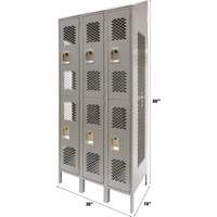 Vented Lockers, 2 -tier, Bank of 3, 36 x 18" x 88", Steel, Grey, Knocked Down, Perforated Seagulf Marine Industries Inc.